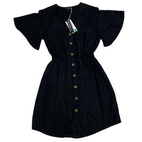 Velvet Heart Black V-Neck Flutter Sleeve Front Button Dress Size S - Picture 5 of 10